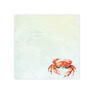 May include: A watercolor illustration of a red crab on a light blue and white background with white bubbles.