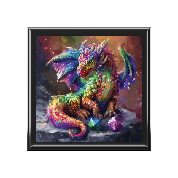 Rainbow Dragon Jewelry Keepsake Box - wood & ceramic tile top - dice guardian vault, roleplaying fantasy, gift for dragon lover - 6" x 6"