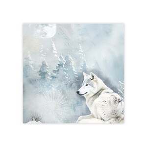 May include: A white wolf sits in a snowy forest with a full moon in the background. The wolf is looking to the left of the image. The forest is painted in shades of blue and white.