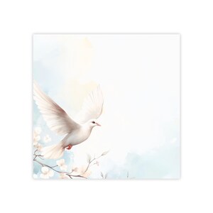 May include: A white dove with outstretched wings flies above a branch of white blossoms against a light blue watercolor background.