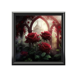 Gothic Red Roses Jewelry Keepsake Box - floral goth, dark wedding, gothic flowers, love cathedral arch window, gift for rose lover, 6&quot; x 6&quot;