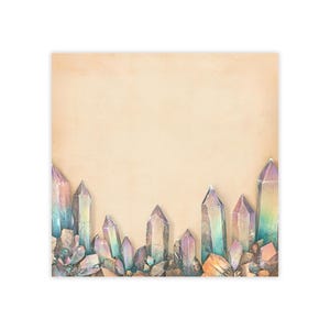 May include: A watercolor illustration of iridescent crystals on a beige background. The crystals are arranged in a row at the bottom of the image, with the points facing upwards. The crystals are various shades of purple, blue, and green.