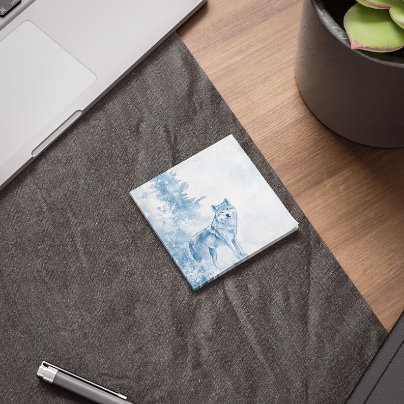 Wolf Sticky Note Blue Wolf Post-it® Note Pads - Designer - Blue Watercolor Winter Forest ...