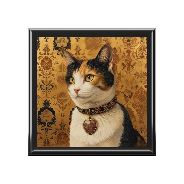Calico Cat keepsake box - wood & ceramic tile top - cat on gold damask, heart collar, gothic, goth, victorian, gift for cat lovers, 6" x 6"