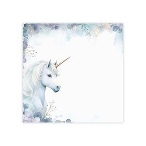 May include: A white unicorn with a gold horn, surrounded by blue and purple watercolor flowers. The background is a light blue watercolor wash.