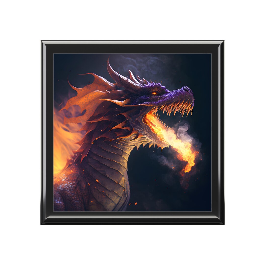 Fire Breathing Dragon Jewelry Keepsake Box - Wood & Ceramic Tile Top ...
