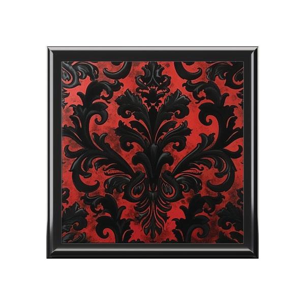 Black on Red Damask keepsake box - wood & ceramic tile top - gothic, goth, valentine, hold your collectibles, gift for lovers, 6" x 6"