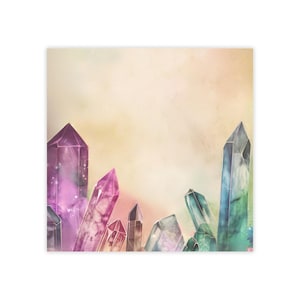 May include: A watercolor painting of a group of colorful crystals on a light yellow background. The crystals are arranged in a semi-circle, with the largest crystal in the center.