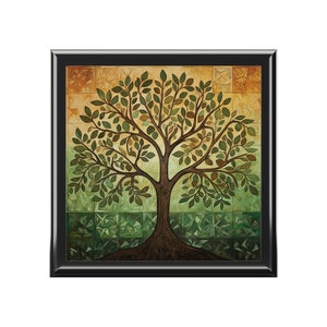 Tree of Life Jewelry Keepsake Box - wood & ceramic tile top -  mystical gift, tree lovers, green yellow color theme, spiritual, 6&quot; x 6&quot;