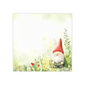 May include: A watercolor illustration of a gnome standing in a field of flowers. The gnome is wearing a red hat and a green outfit. The flowers are white, pink, and red.