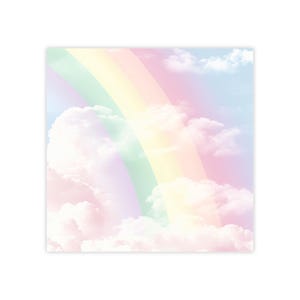 May include: A pastel-colored illustration featuring a rainbow arching across a sky filled with fluffy white clouds. The rainbow displays bands of green, yellow, and pink hues. The background is a soft blend of blue and pink.