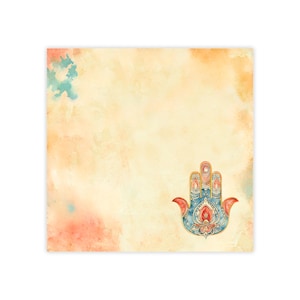 May include: A watercolor painting of a hamsa hand, a symbol of protection and good luck, on a light yellow background with orange and blue watercolor accents.