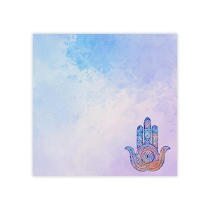 May include: A watercolor background with a blue, purple, and orange hamsa hand design. The hamsa hand is a symbol of protection and good luck.