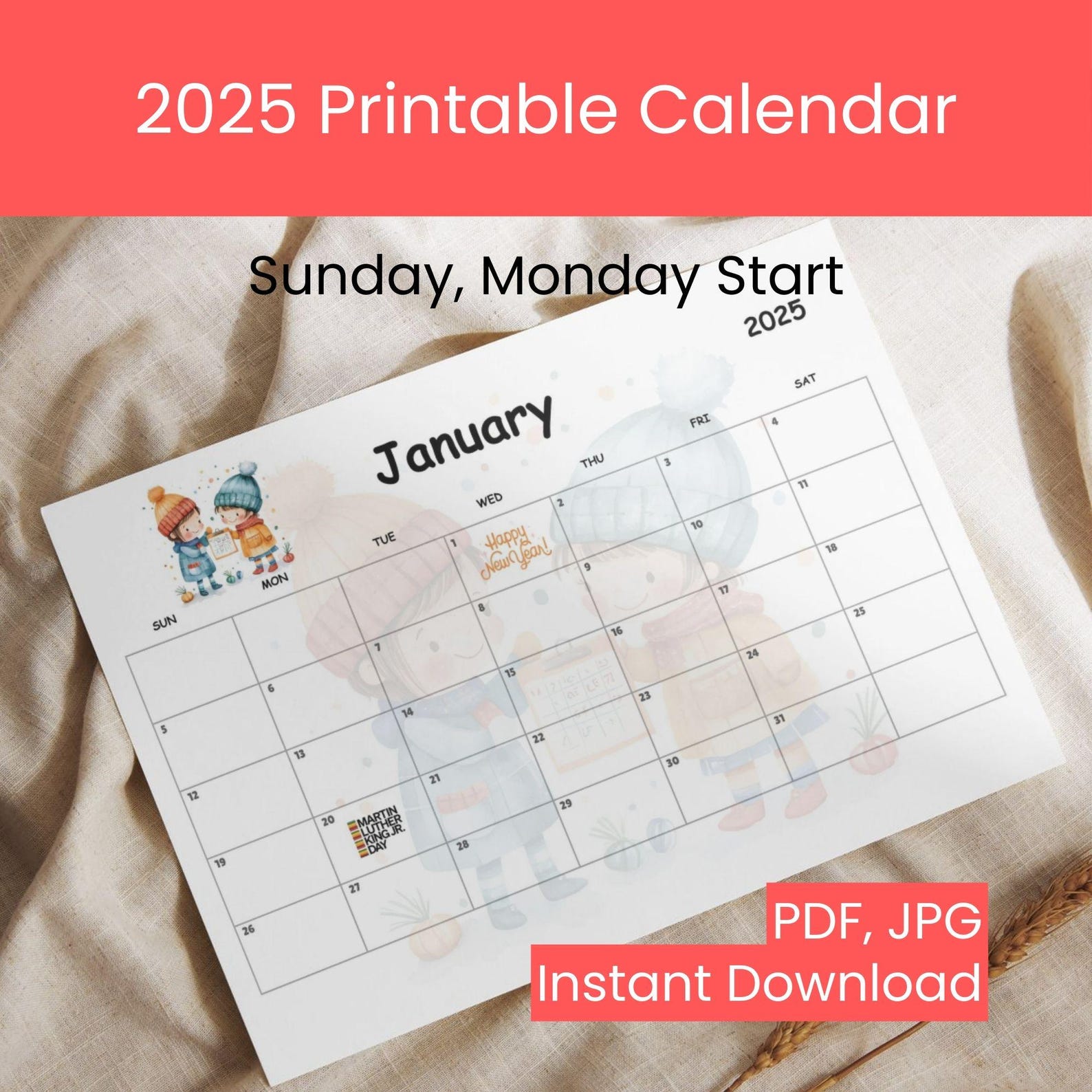 Printable Calendar 2025 – Cute Cartoon Kids Theme / Sunday or Monday ...