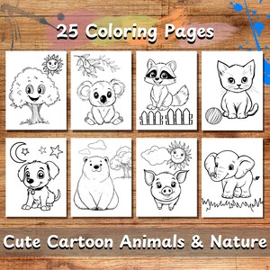 25 Cute Cartoon Animals & Nature Coloring Pages, 8.5x11 inches, Printable,  Digital Download, Perfect for Little Artists