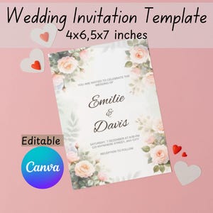 花柄の結婚式招待状テンプレート、Canvaで編集可能、印刷可能な結婚式招待状、デジタルダウンロード