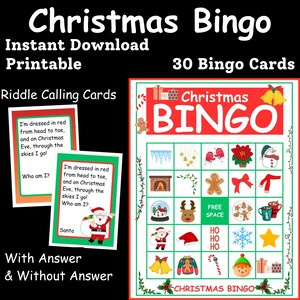 Cartões de enigmas de bingo de Natal / Diversão para impressão para as férias / Download instantâneo em PDF