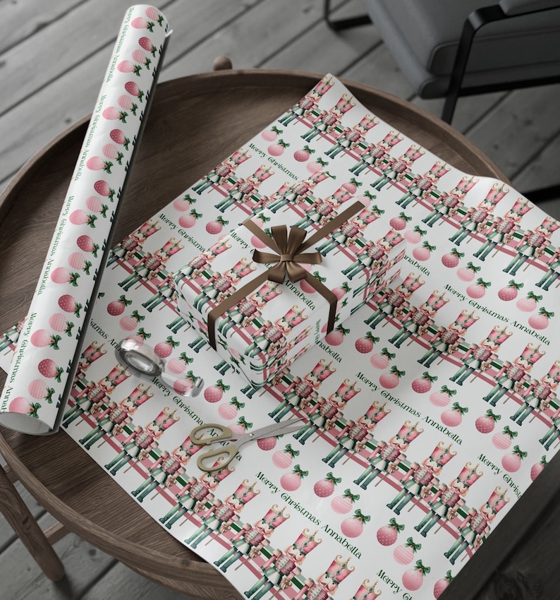 Festive Customized Gift Wrap Paper - Pastel Pink and Green Personalized Christmas Wrapping Paper image 6