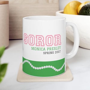 Pink and Green Pearl Personalized Sorority Ceramic Mug Gift available 11oz or 15oz - Custom Greek Gift for Sorors and Friends