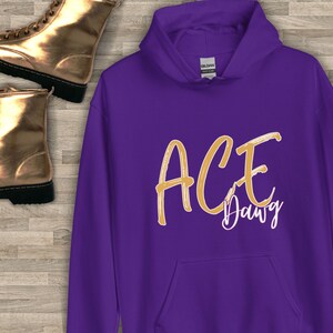 Puede incluir: Una sudadera con capucha morada con bolsillo de canguro y capucha con cord&oacute;n. La parte delantera presenta el texto "ACE Dawg" en oro, con una fuente manuscrita. Botas doradas visibles en el fondo.