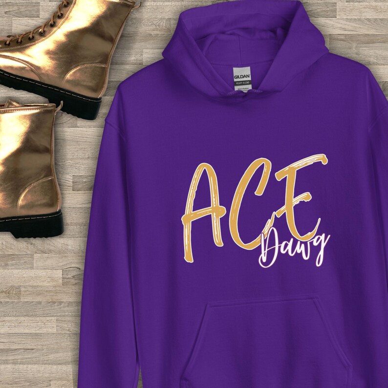 Puede incluir: Una sudadera con capucha morada con bolsillo de canguro y capucha con cord&oacute;n. La parte delantera presenta el texto "ACE Dawg" en oro, con una fuente manuscrita. Botas doradas visibles en el fondo.