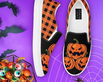 Women's Halloween Slip-On Sneakers: Jack-O-Lantern & Checkered Canvas