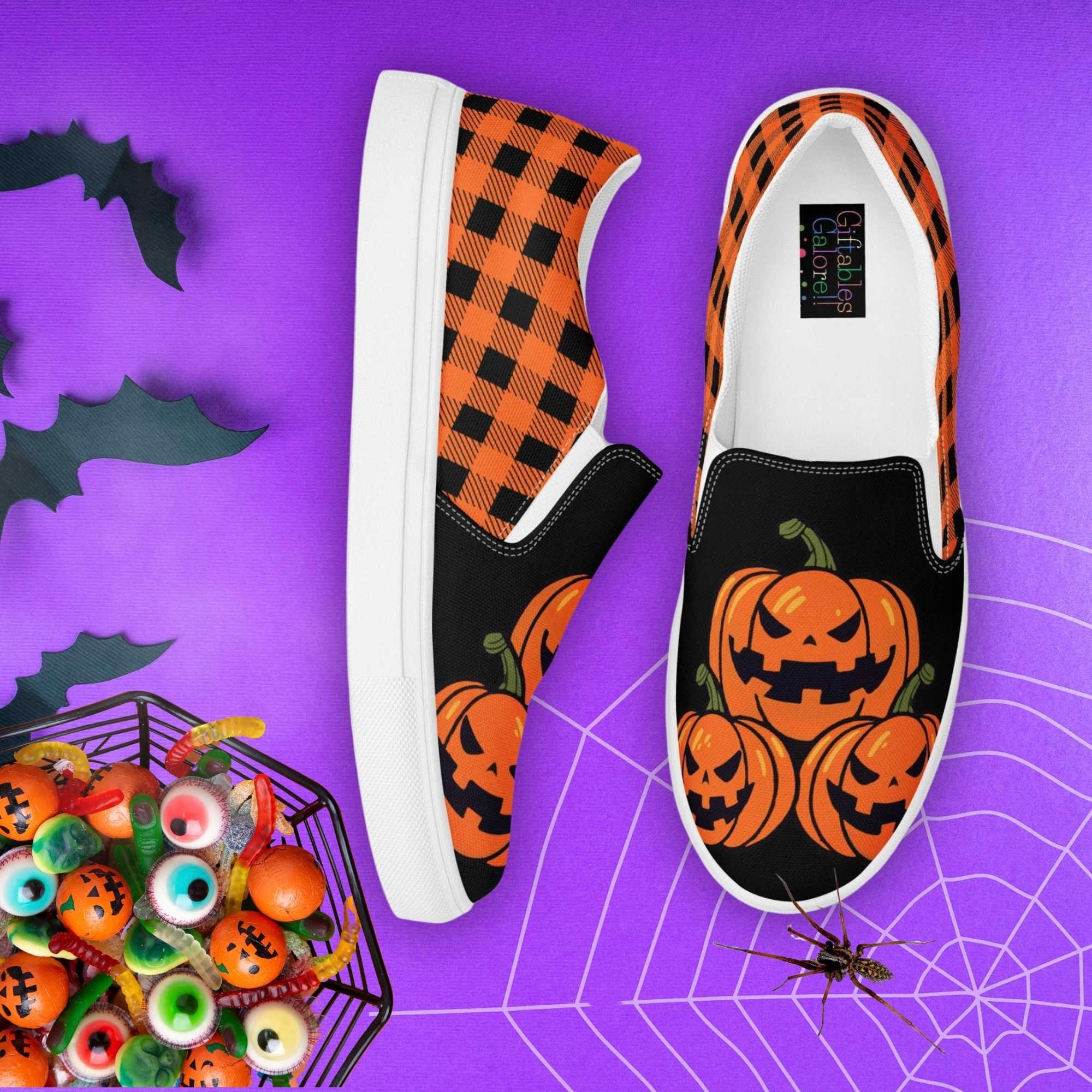 Women's Halloween Slip-On Sneakers: Jack-O-Lantern & Checkered Canvas