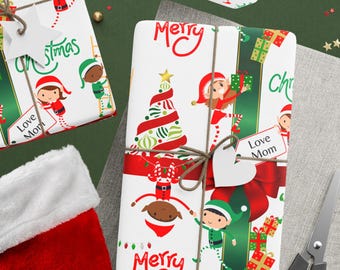 パーソナライズされたクリスマスギフトラッピングペーパー - サンタのエルフのカスタムホリデーラッピング用品
