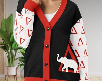Cárdigan de elefante y pirámide de hermandad, regalo / Tejido de punto de peso medio / Suéter abotonado preppy hecho a medida