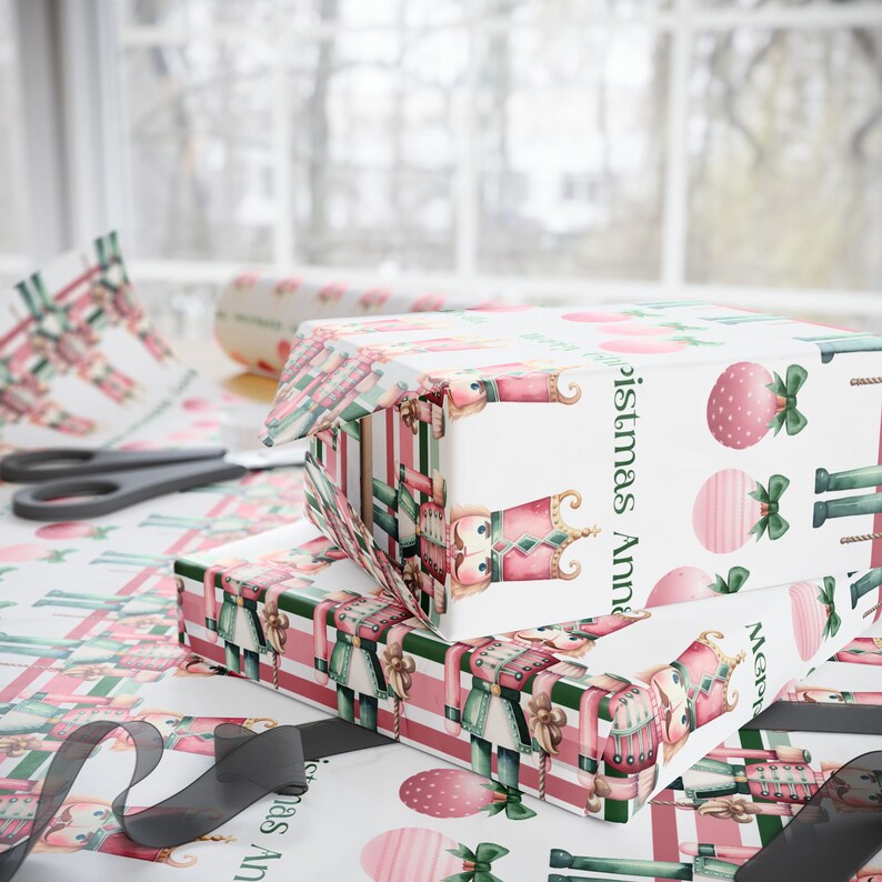 Festive Customized Gift Wrap Paper - Pastel Pink and Green Personalized Christmas Wrapping Paper image 4