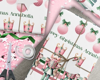 Festive Customized Gift Wrap Paper - Pastel Pink and Green Personalized Christmas Wrapping Paper
