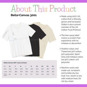 May include: Three t-shirts in white, black, and beige are displayed, showcasing the Bella+Canvas 3001 model. The image includes a size chart in inches, detailing measurements for width, length, and sleeve length, ranging from XS to 5XL. (1 inch = 2.54 cm)