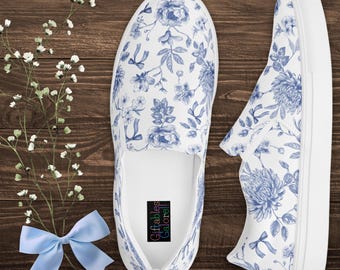 Blue Chinoiserie Couquette Women's Slip-On Canvas Shoes - Stylish and Comfortable Ladies Footwear