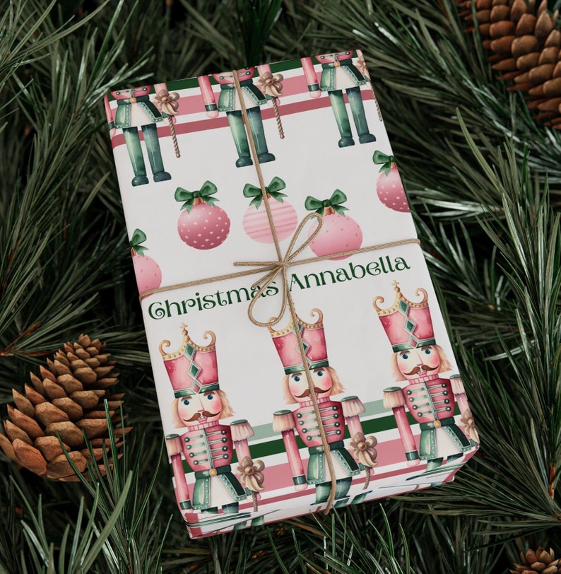 Festive Customized Gift Wrap Paper - Pastel Pink and Green Personalized Christmas Wrapping Paper image 2
