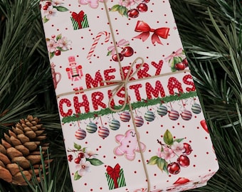 パステルピンクのクリスマスラッピングペーパー：チェリーコケットギフトラップ