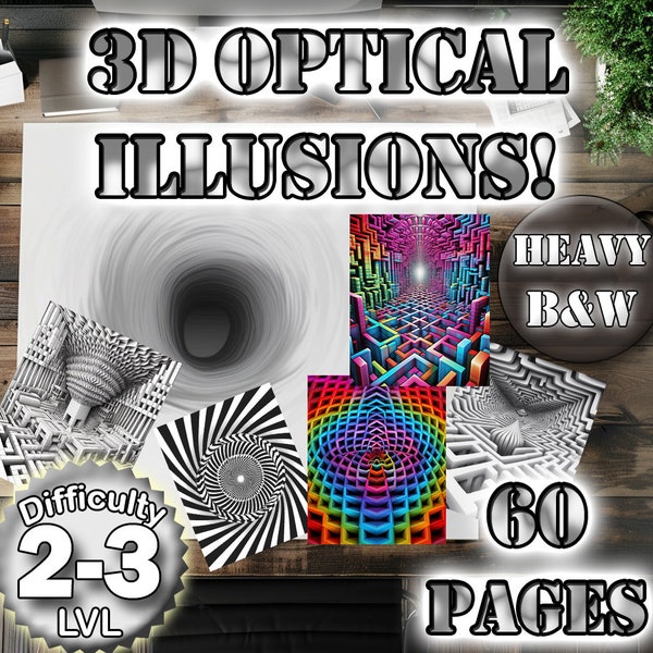 3D Illusions Printable Coloring Pages of Trompe Loeil and Black and White Trippy Optical Illusions Instant Download Adult Coloring Book