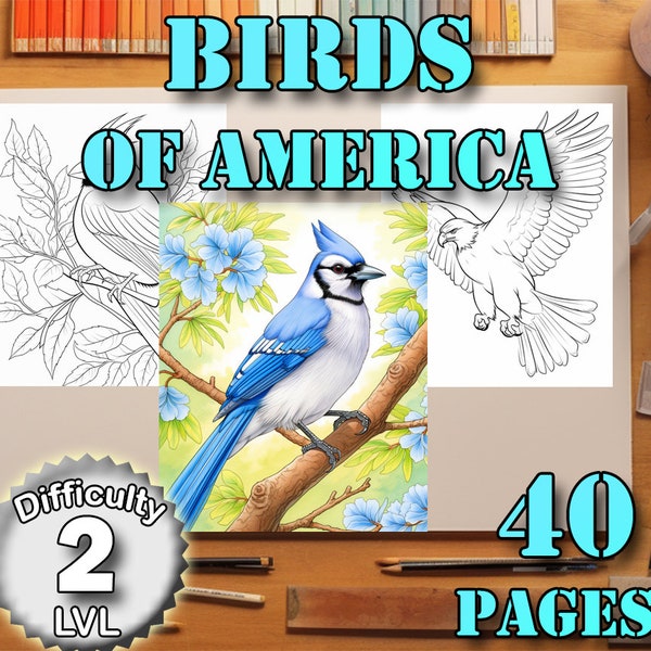 Birds of America Printable Coloring Pages of North American Birds Instant Download Black and White Adult Coloring Book