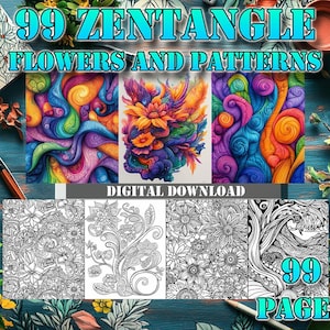 99 Zentangle Flowers and Patterns | Adult Coloring Complex Zentangle Designs Featuring Flowers, Floral Patterns, and Abstract Geometric Art