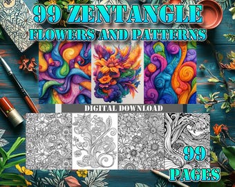 99 Zentangle Floral Coloring Pages | Abstract Art (PDF Pattern)