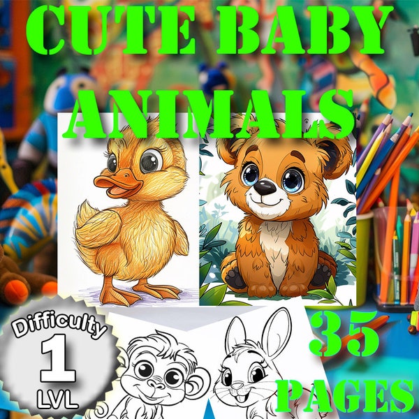 Cute Baby Animals Printable Coloring Book Pages of Adorable Happy Animals for Children Kids Coloring Instant Download Black and White