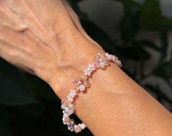 Handmade Pink Crystal Bracelet: Dainty Beaded Jewelry, Romantic Boho Style