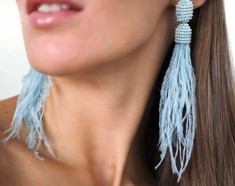 Light blue Handmade Feather Drop Earrings, Beaded Boho Earrings