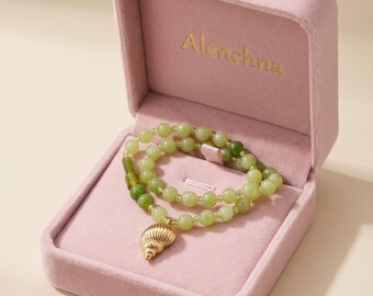 Green Jade Necklace with Shell Pendant – Natural Stone Jewelry Set