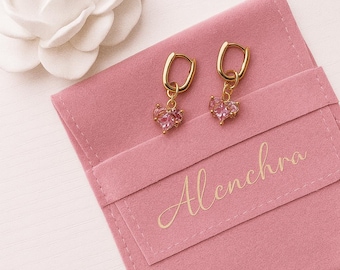 Pink Heart Earrings, Gold Huggie Hoop Earrings, Crystal Heart Jewelry, Romantic Gift for Her, Coquette Style Earrings