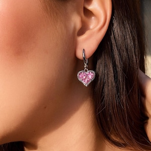 Pink Heart Earrings – Gold Huggie Hoop with Charm, Romantic Jewelry, Valentine’s Day Gift for Her