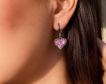 Silver Heart Dangle Earrings: Pink Crystal, Romantic Handmade Jewelry