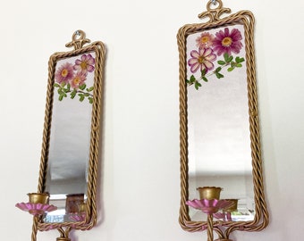 Pair of Vintage Gold Mirrored Candle Sconces with Handmade Flower Design, Wrought Iron