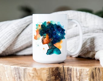 Starlit Elegance, Black Girl Magic, Black Women Mug, Black Girl Birthday Gift, Gifts for Black Women, Afro Woman Mug, Boss Girl Mug, tea cup