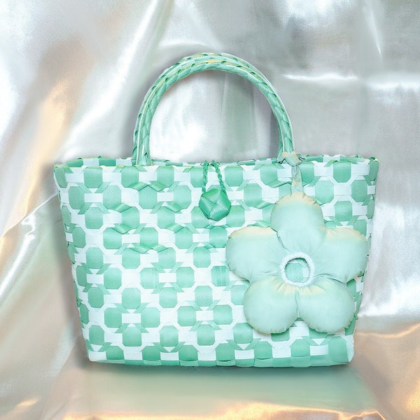 Mint Woven Vietnamese Modern-style Handbag Perfect Handbag for Ao Dai’s Traditional Outfit + A Super Cute Puffy Matching Flower Accessory !