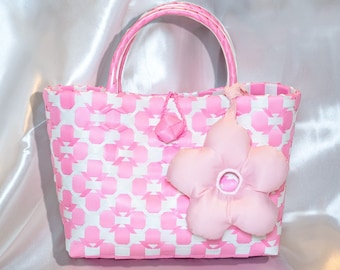 Pink Woven Vietnamese Modern-style Handbag Perfect Handbag for Ao Dai’s Outfit + Comes With a Super Cute Puffy Matching Flower Accessory !